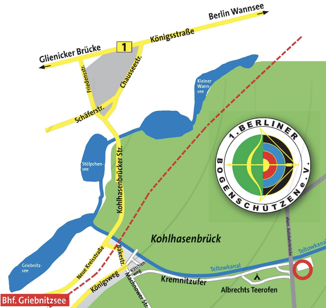 Anfahrtsplan zum Vereinsgelände des 1. Berliner Bogenschützen e.V. in Albrechts Teerofen